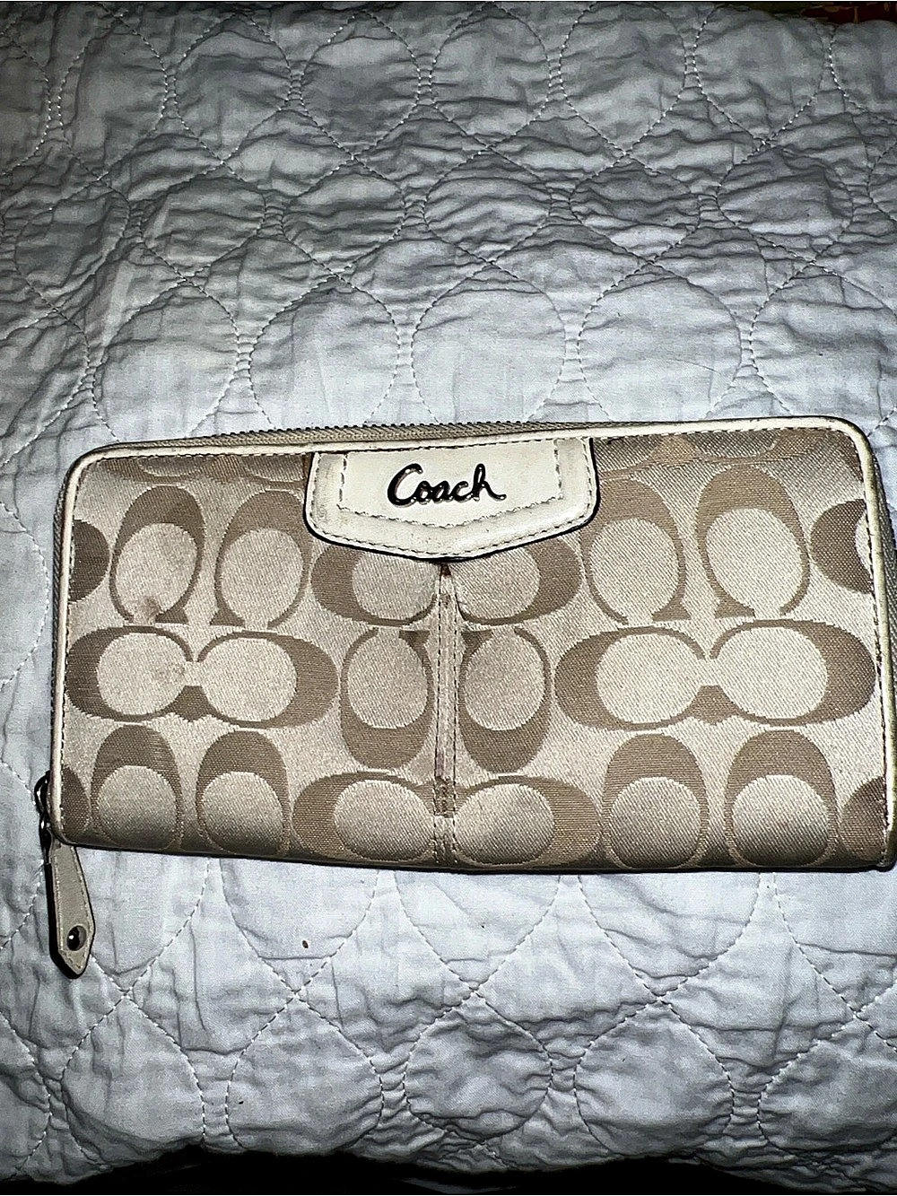 Coach Signature C Canvas Zip Around Accordion Wallet Tan and Cream